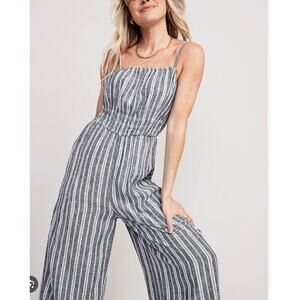 NWT Linen-Blend Cami Wide-Leg Jumpsuit Navy White Striped Size Medium